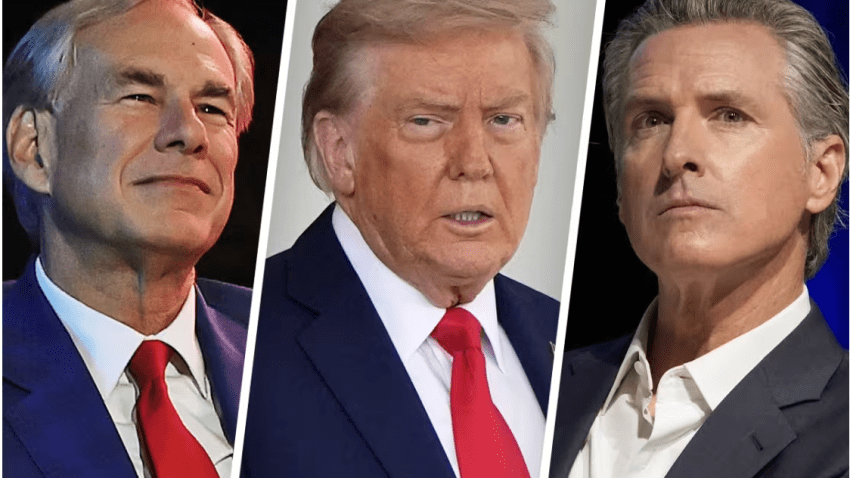 Texas Gov. Greg Abbott, President Donald Trump and California Gov. Gavin Newsom.